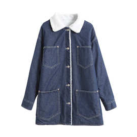 跨境外贸2025欧美风时尚女装新款冬羊羔毛加绒加厚牛仔外套棉服