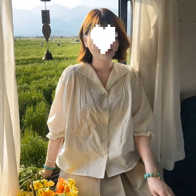 プラスサイズの女性の中空耳ラペルシャツ半袖夏の新しいスタイルファットmmルーズスリミングインナートップ|undefined