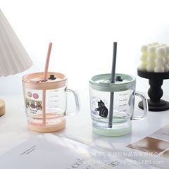 新しい漫画かわいい子供ハンドル竹カップマルチカラースケールストローカップ朝食カップミルクカップガラスカップ