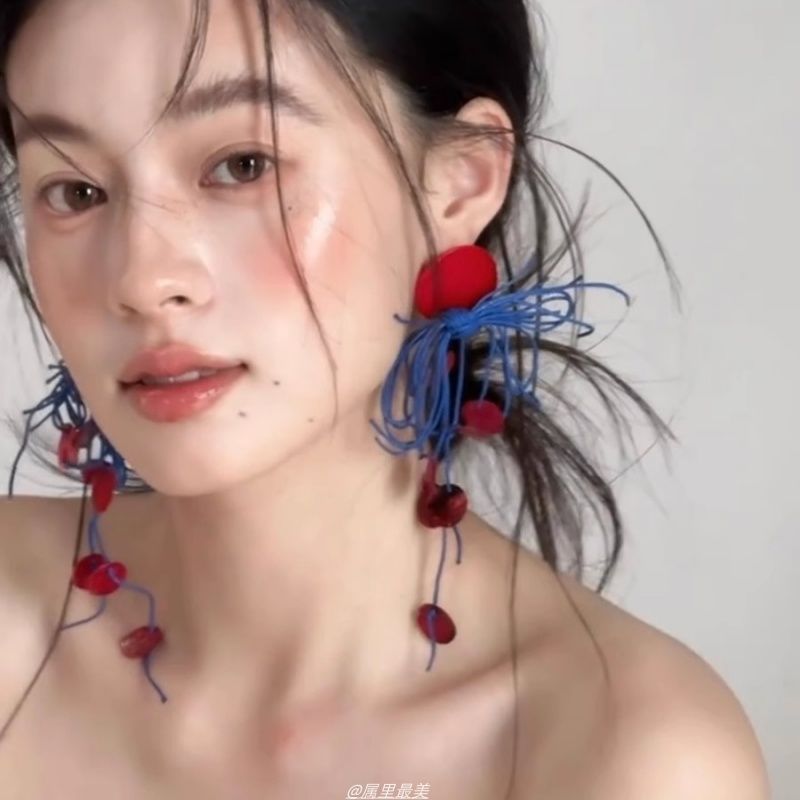 夏日度假风 夸张个性红蓝撞色长款耳环高级感耳钉女复古新娘耳饰|undefined