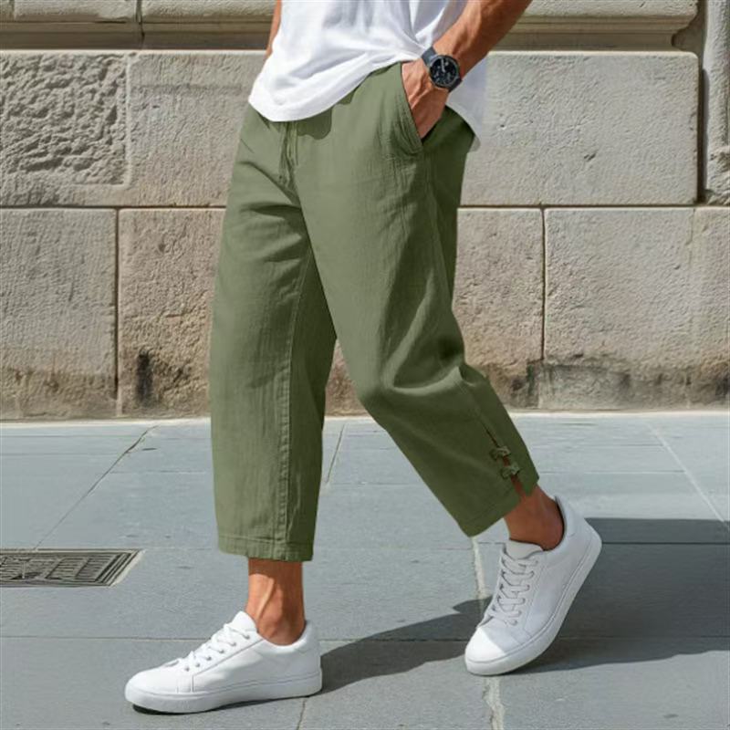 Men's Elegant Fashion Buckle Cuff Linen Trousers Ankle Length Pants Plus Size Men's Casual Sweatpants