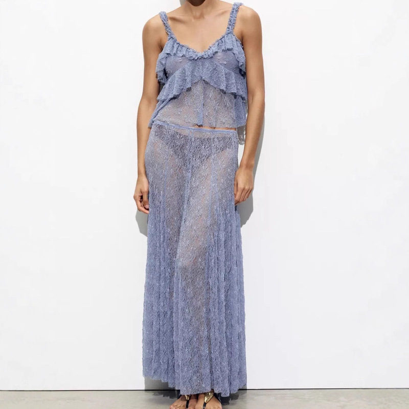 Foreign Trade French New Women's Clothing Sexy Translucent Lace Layered Decorative Small Suspender Top + Skirt Suit