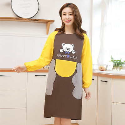 居家厨房卡通小熊围腰涤纶长袖工作服罩衣男女防水防油擦手围裙|ms
