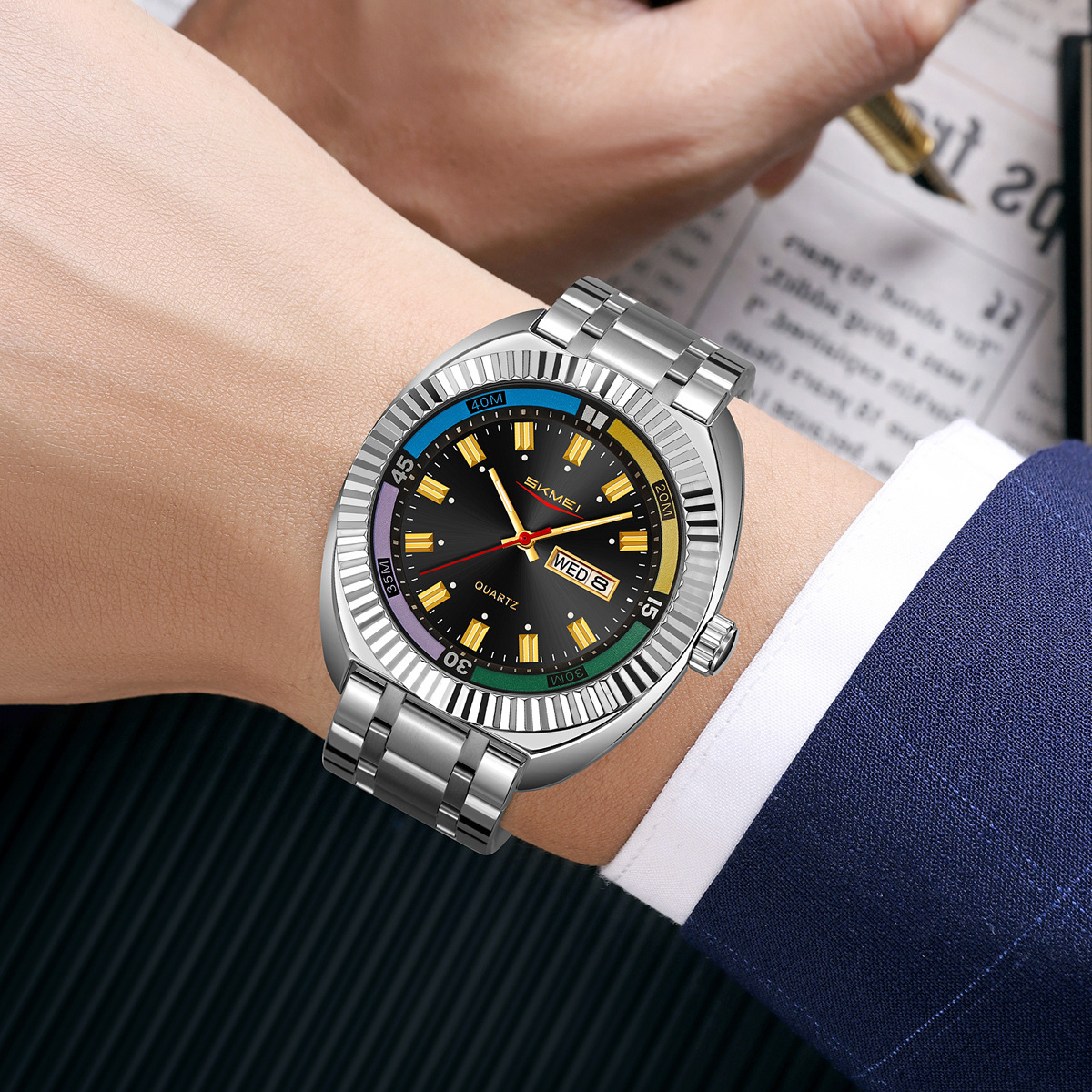 Momentos de reloj de cuarzo comercial de doble calendario multifuncional relojes de pulsera de hombre transfronterizos relojes de hombre fuente fábrica al por mayor