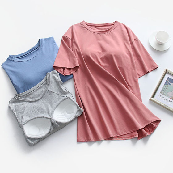 Pure Cotton Top with Chest Pad T-shirt Short-sleeved Women's Summer Korean Cup One-piece Loose Home Mid-length Top