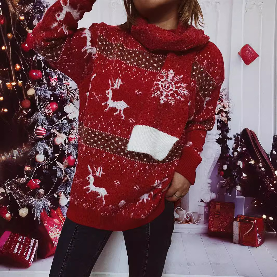 Damenbekleidung Herbst und Winter Neu Rundhals Langarm Hirsch Schneeflocke Jacquard Weihnachtspullover Schal Zweiteiliges Set_voghion.com
