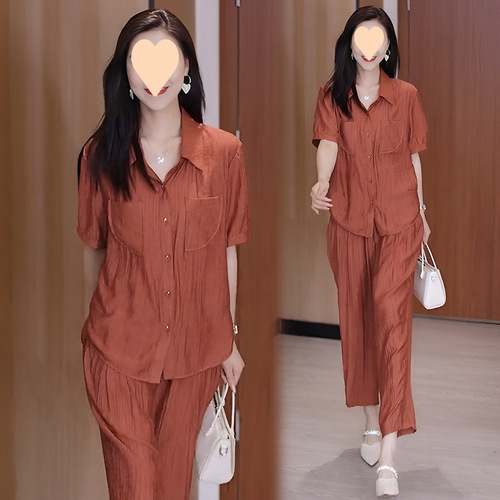 Fashion Summer Set Women 2025 Casual Korean Version Stylish Mother's Outfit Short Sleeve Shirt Two-Piece Set