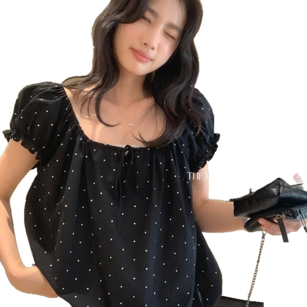 Áo sơ mi nữ tay bồng chấm bi phong cách Nhật, cổ dây rút, dáng suông trẻ trung — màu đen, màu trắng, xanh lá cây