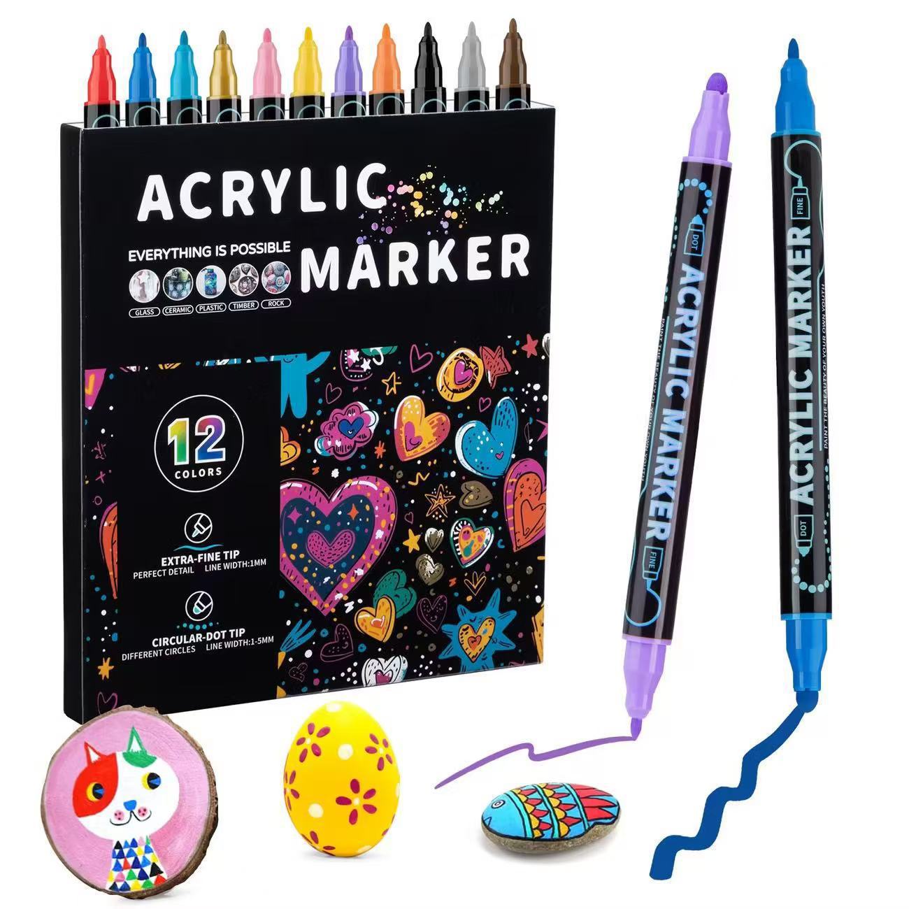 Dual-tip dual-color acrylic marker pen, popular cross-border painting doodle pen, stackable colors, quick-drying art marker pen set
