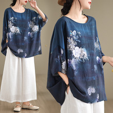 现货2024夏季新品麻棉民族风蝙蝠袖宽松大码女装圆领T恤女批发