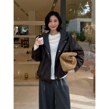 THE MIND假两件连帽PU皮衣外套女2025冬季新款韩版抽绳夹克T5729D