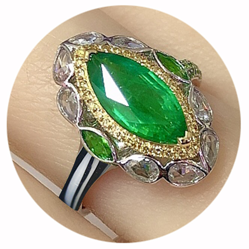 Xiaohongshu Gao Ding Jewelry Imitation Emerald Ring Luxury Full Diamond Two-color Electroplated Horse Eye Colored Gems Open Ring display picture 4