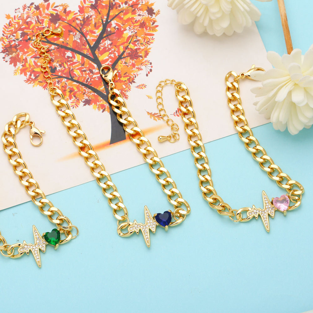 Fashion Electrocardiogram Heart Shape Copper Plating Inlay Zircon Bracelets 1 Piece