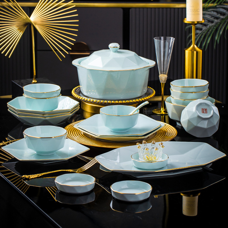 Jingdezhen Shadow Green Rice Bowl Plate Neat Bowl Chopsticks Handmade Gold-painted Ceramic Tableware Dishes suit Household Optional