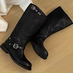 牛皮版~25年新款韩版圆头粗跟皮带扣长筒靴女百搭气质高筒骑士靴