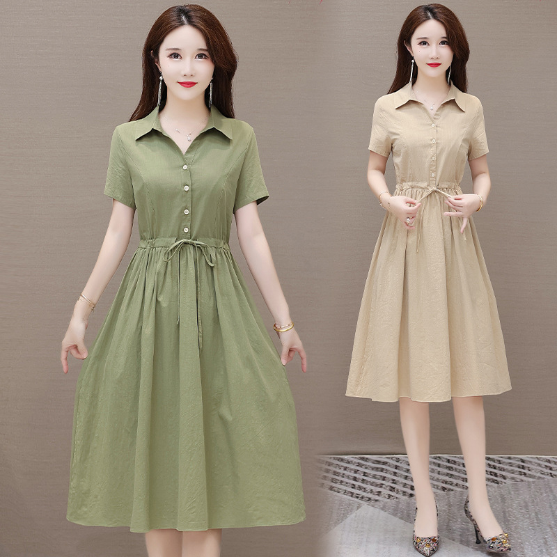 Solid Color Short-Sleeved Cotton and Linen Dress for Women 2023 Summer New Niche Design Versatile Casual Waist A-Line Skirt Solid Color Short-Sleeved Cotton and Linen Dress for Women 2023 Summer New Niche Design Versatile Casual Waist A-Line Skirt