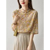 Шифоновая женская блузка с коротким рукавом лето 2023 новый китайский стиль женская небольшая рубашка распечатанная свободная женщина диск кнопочная верхняя