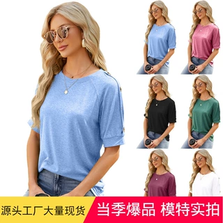欧美外贸跨境女装2024亚马逊独立站春夏新款插肩袖纽扣圆领t恤女