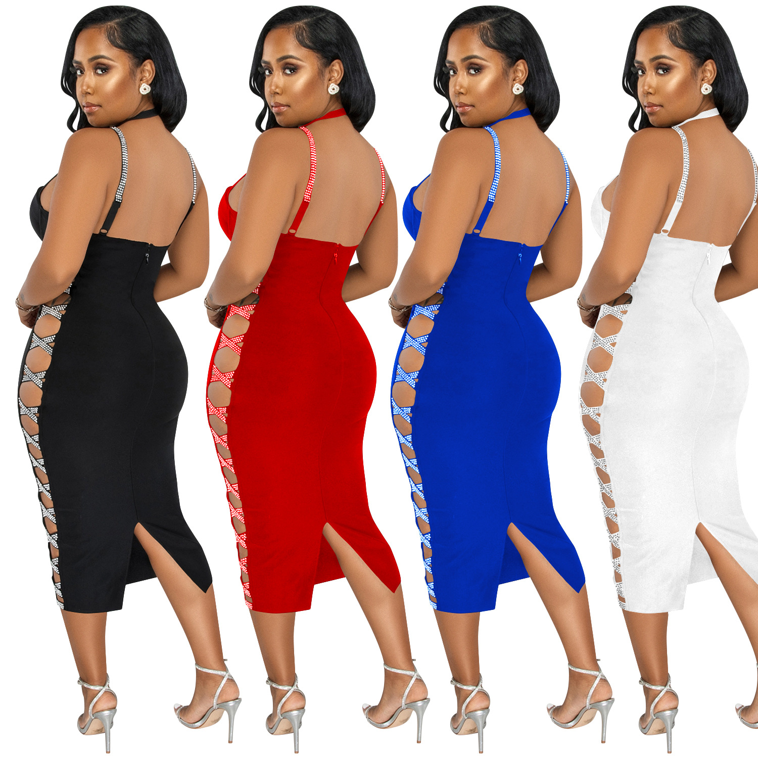 X5657 transfronteriza nueva AliExpress Ebay color sólido sexy Sling Hollow zipper vestido partido vestido de las mujeres image 5