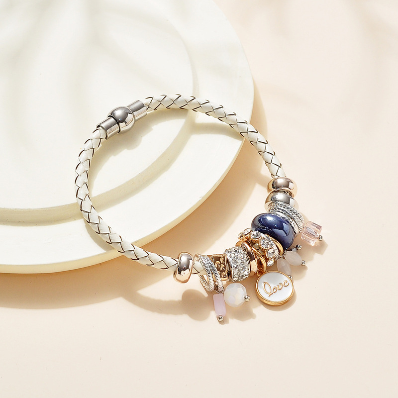 Cross-border blue leather cross-winding handmade diamond-embedded geometric pendant fashionable simple personalized women's bracelet