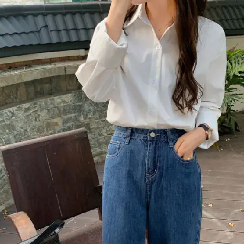 (2개) 시원한 실크 코튼 유니폼 셔츠 봄, 여름, 가을, 겨울 여성용 흰색 긴팔 학생 셔츠 탑