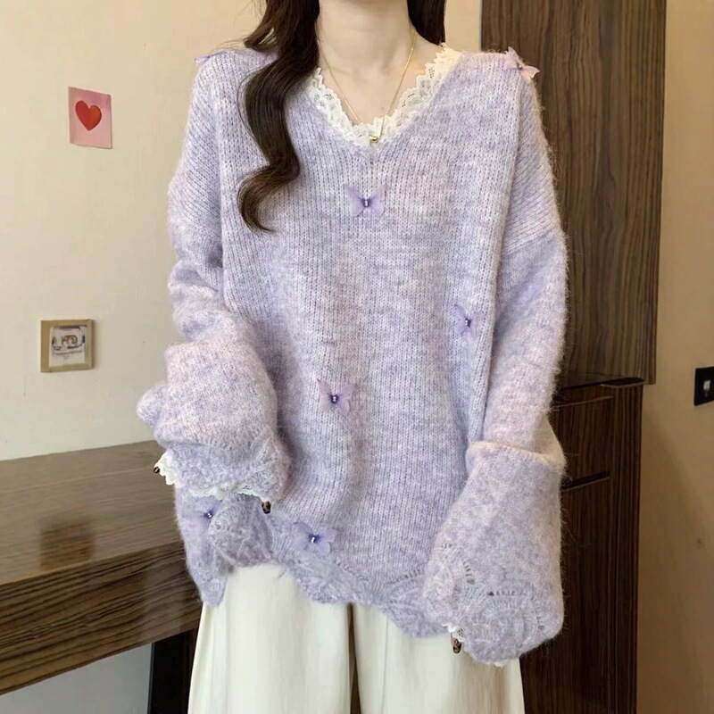 Lace-trimmed three-dimensional butterfly design pullover sweater for women, 2026 autumn and winter collection, casual loose-fit knit top Lace-trimmed three-dimensional butterfly design pullover sweater for women, 2026 autumn and winter collection, casual loose-fit knit top
