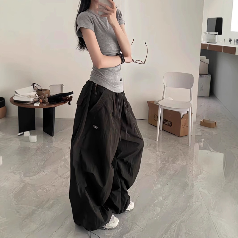 American-Style Silhouette Cargo Pants for Women, Loose Versatile Casual Pants, Pleated Wide-Leg Drape Paratrooper Floor-Length Pants, Women's Fashion