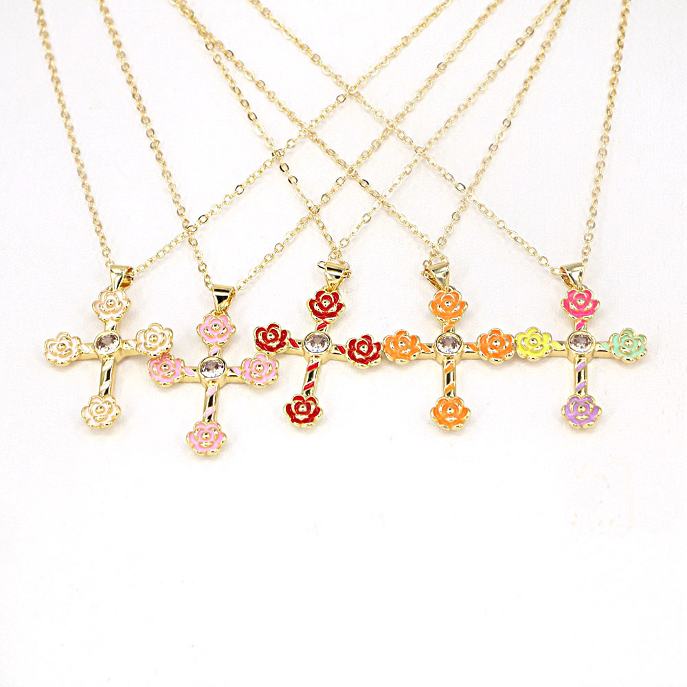 Fashion Flower Cross Color Drop Oil Versatile Copper Necklace display picture 5