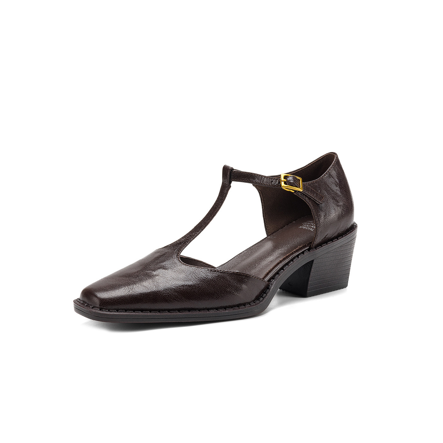 Sandal nữ quai ngang chữ T mũi nhọn gót vuông phong cách Anh retro — màu nâu