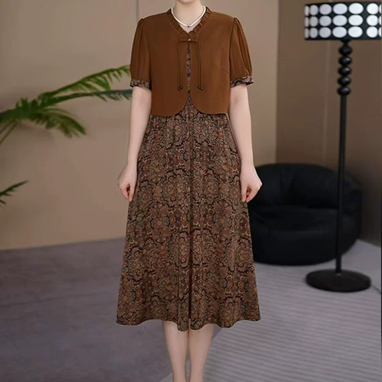 Элегантное платье-двойка из искусственного меха для женщин, весна/лето 2025, новый китайский стиль, стройнящее, для мам