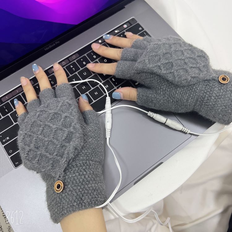 USB电热手套跨境电商源头厂家直供针织方格提花电暖手套冬季暖手