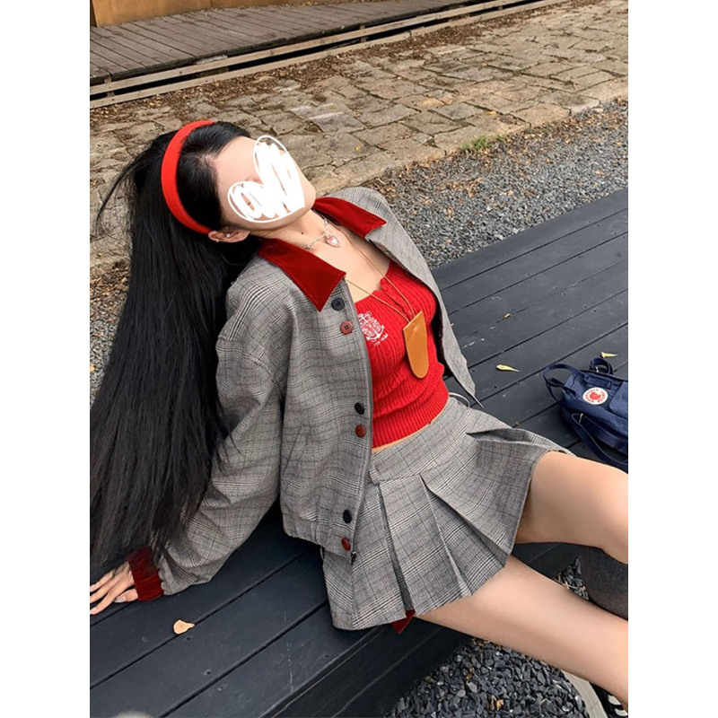 美式小众复古学院风宽松格纹短款长袖外套女2025新款短裙两件套装|undefined