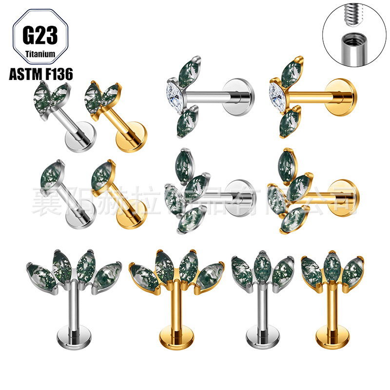G23 Titanium Alloy Moss Agate Stone Marquise Earrings and Nose Studs Implant-Grade Piercing Jewelry Wholesale from the Source Factory