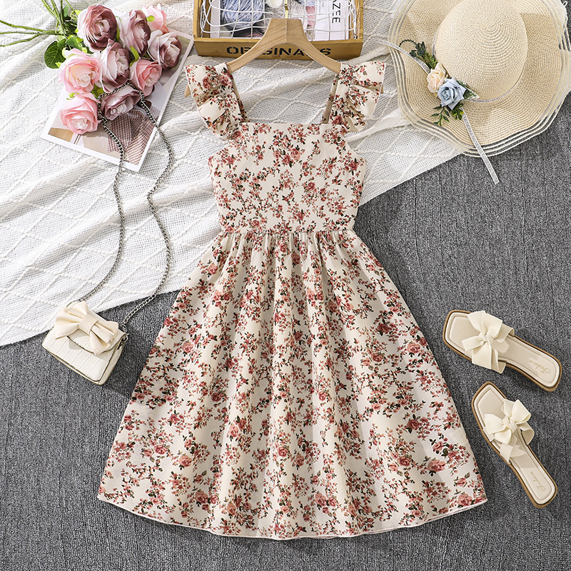 Vestido floral de verão estilo francês para meninas, com decote quadrado, alças franzidas, laço e suspensórios. Tamanhos infantis de 8 a 16 anos._voghion.com