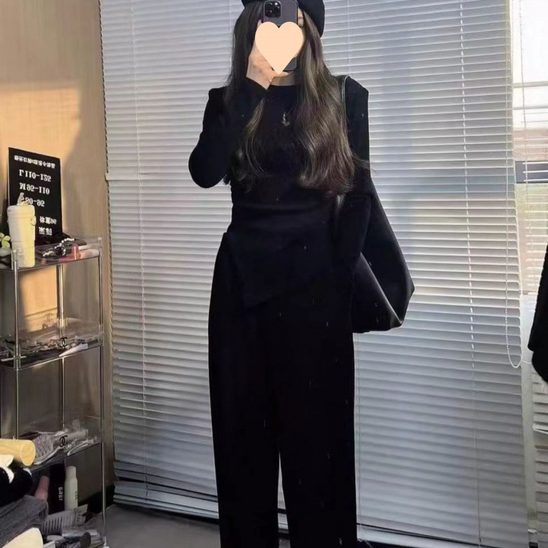 茉莉定-制巴黎周末秋冬修身显瘦百搭时尚套装不规则皱褶恤直筒裤|undefined