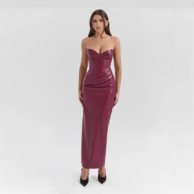 Amazon European and American Cross-Border New Leather Strapless Dress, Sexy Strappy Slit Bodycon Long Evening Gown Amazon European and American Cross-Border New Leather Strapless Dress, Sexy Strappy Slit Bodycon Long Evening Gown