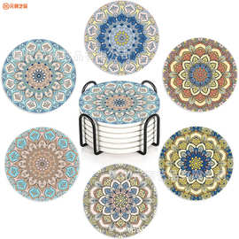 复古波西米亚风陶瓷杯垫隔热防滑垫片来图印LOGO 软木底吸水杯垫