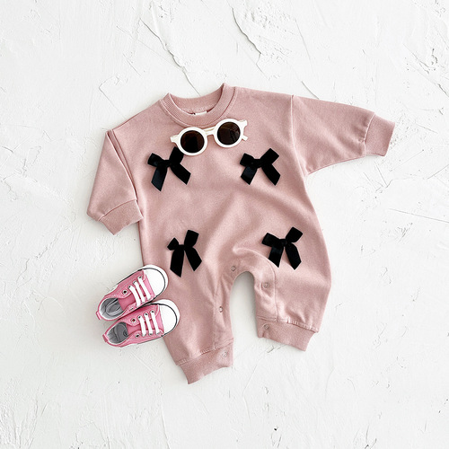 Spring and Autumn Newborn Baby Girl Butterfly Bow Round Neck Long Sleeve Bodysuit for Infants