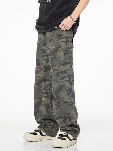xxbro Men's Clothing #American Straight Leg Trendy Brand Denim Pants Wide Leg Splicing Camouflage Outdoor Logging Pants for Men and Women