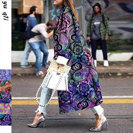 宽松风衣女加长跨境2025ebay新品wish款双排扣外套秋冬独立站印花