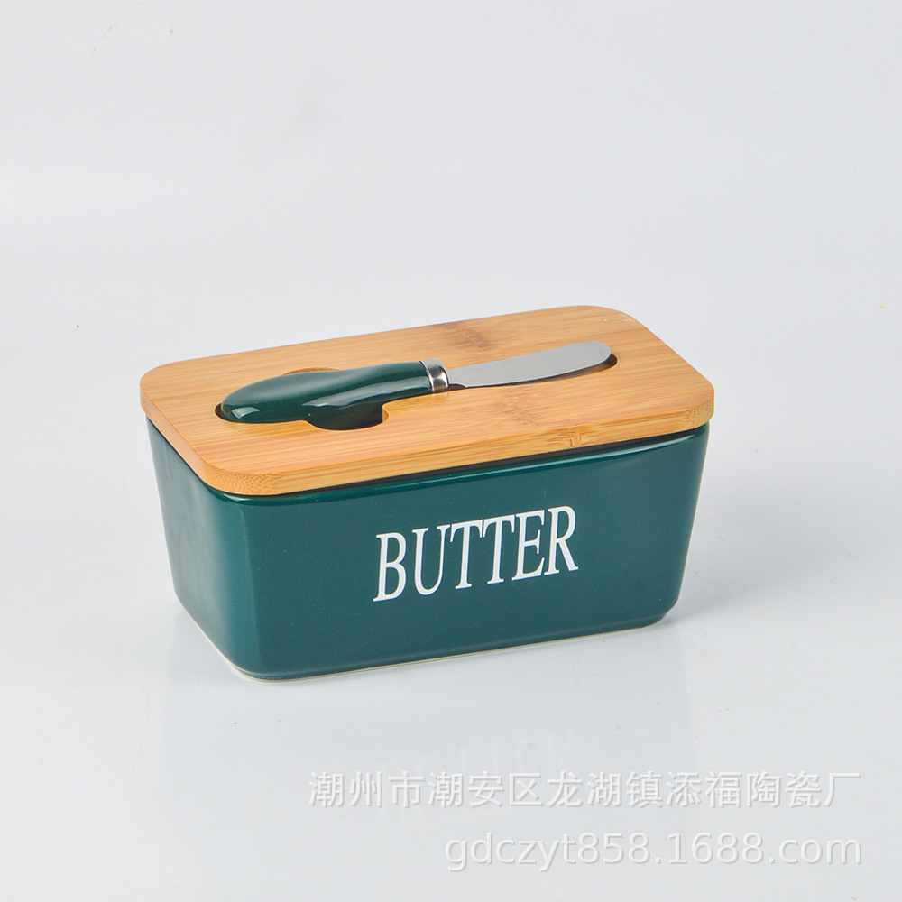 Caja de mantequilla de cerámica de explosión transfronteriza caja de queso doméstica de gran capacidad tazón de mantequilla con cuchillo cubierta de madera de bambú