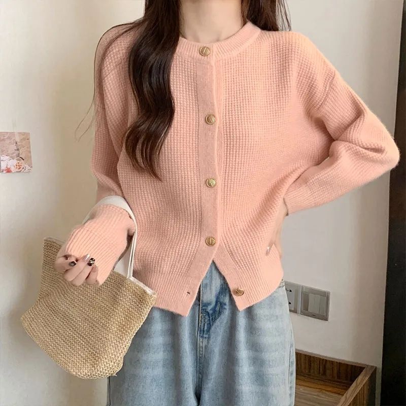 休闲百搭圆领针织外套女新款小香风温柔气质短款上衣加厚毛衣开衫|undefined