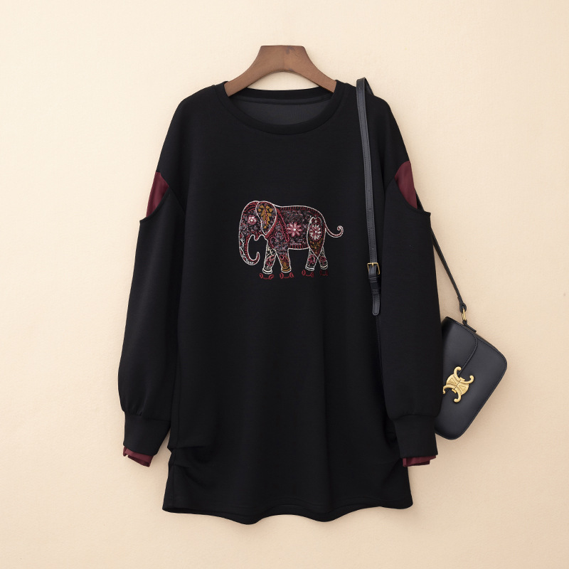 New Round Neck Sequins Beaded Embroidered Mid-Length Sweater Shirt Cuff Contrast Color Padded Air Cotton Casual Top