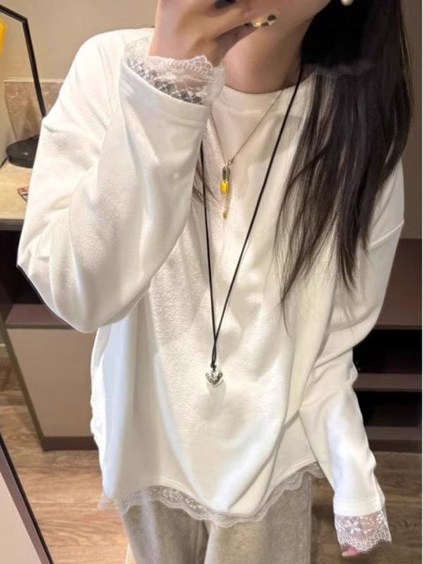 韩系高级感蕾丝花边长袖T恤女秋宽松纯棉打底衫内搭可外穿上衣|undefined