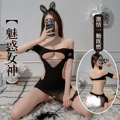 Sexy lingerie, sexy stockings, mesh bodysuit, hip-hugging skirt, tight one-piece outfit, no-zipper open-crotch design, hollow-out mini skirt, mesh outfit set.