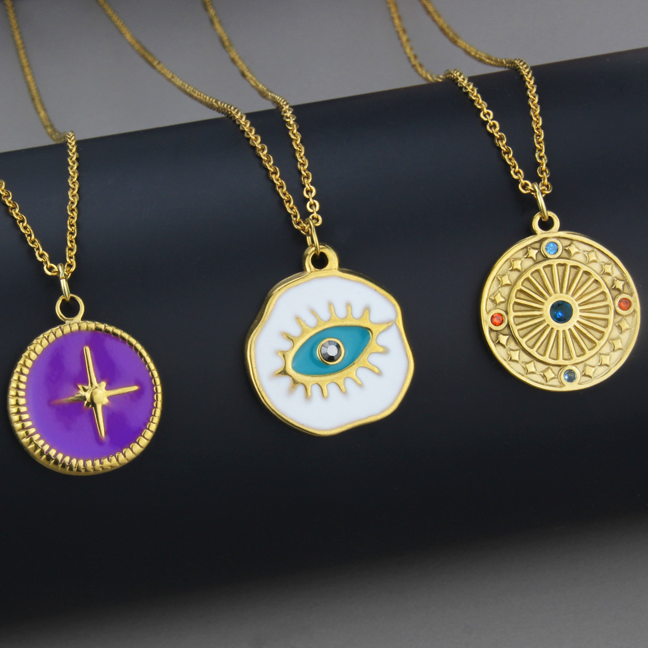 Cross-border New Arrival Retro Style Tag Necklace Men And Women Spot Copper Inlaid Zirconium Roman Style Star Moon Compass Pendant display picture 1