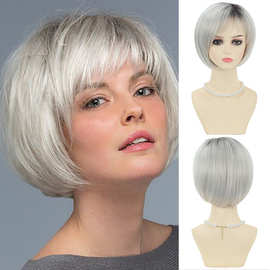 假发wigs 欧美跨境时尚女灰色短直发齐刘海波波化纤头套 许昌厂家