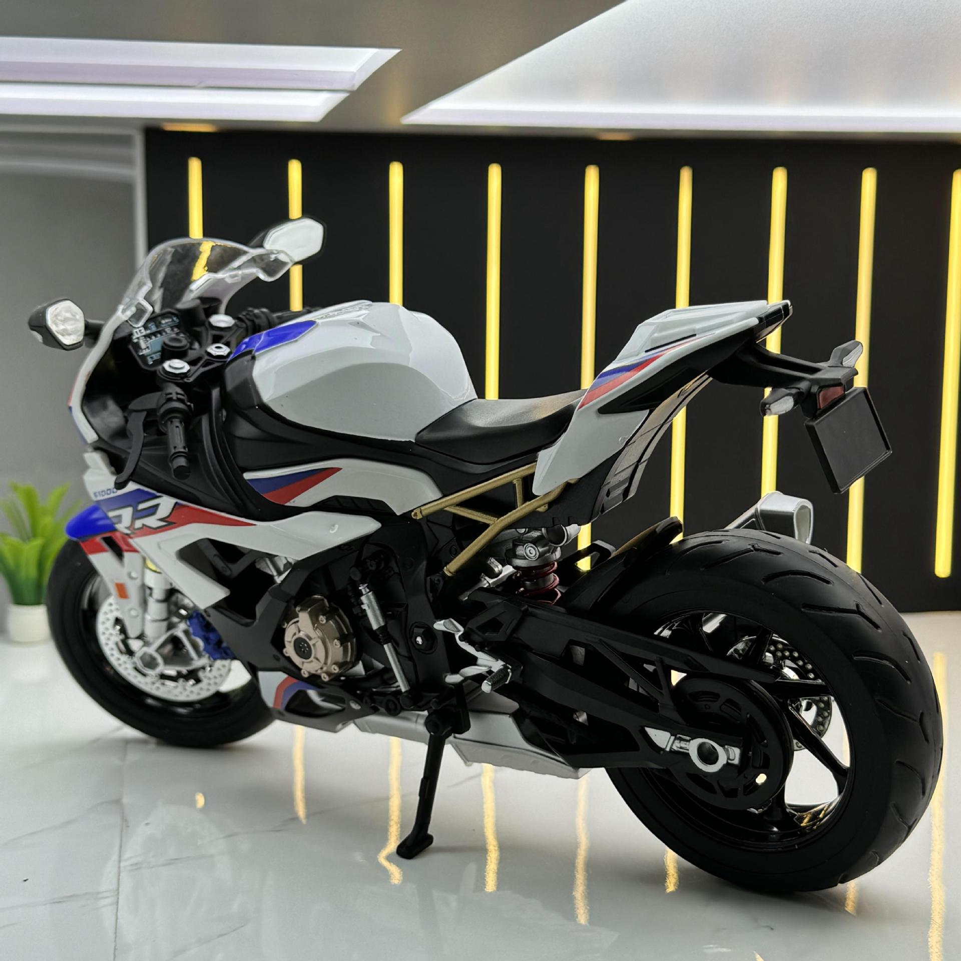 Huayi aleación coche modelo 1:9 BMW S1000 motocicleta deslizante de juguete coche luz amortiguador modelo adornos