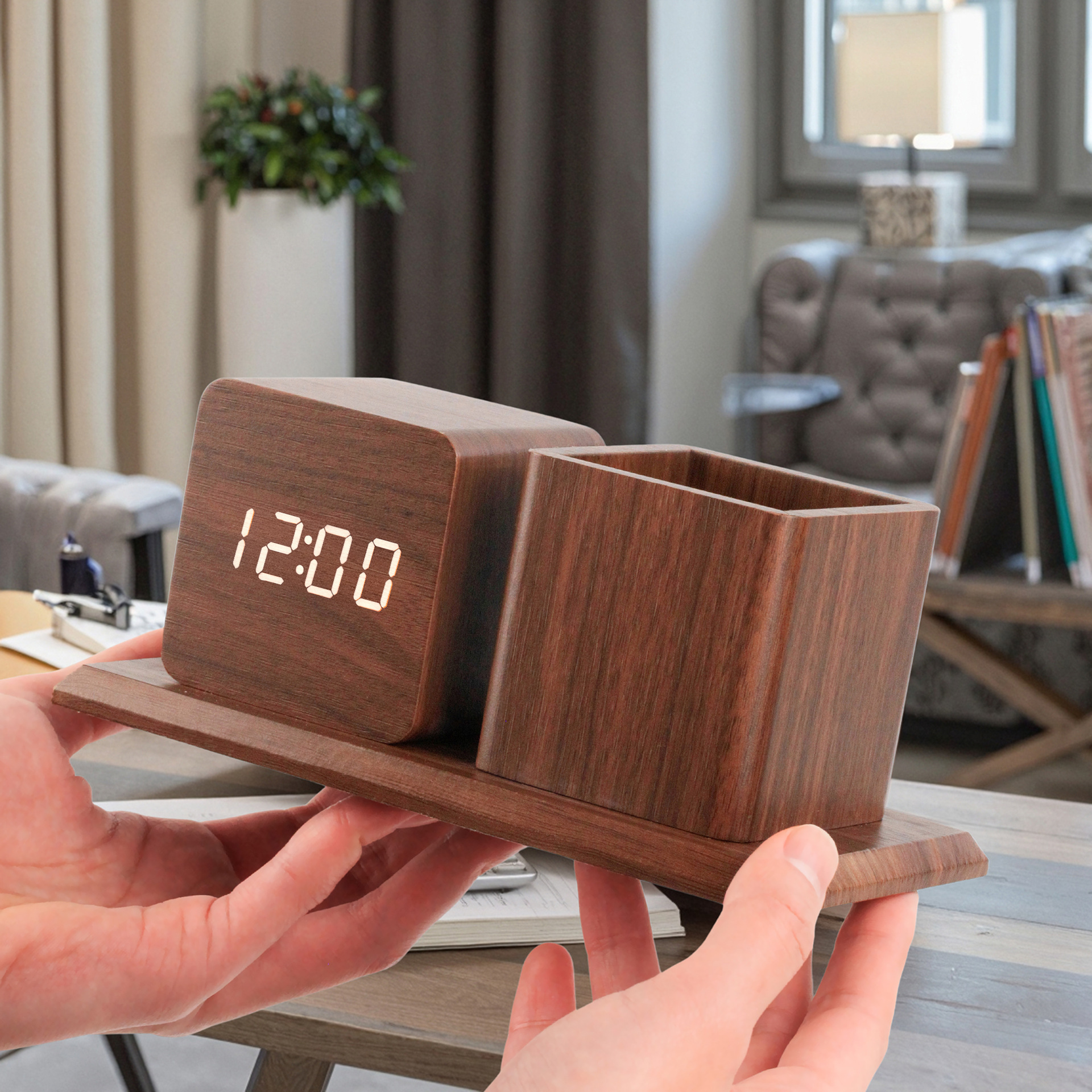 Smart Home Wood Led Alarm Clock Gift Electronic Digital Temperature Date Display Clock Pen Holder Desktop Ornament