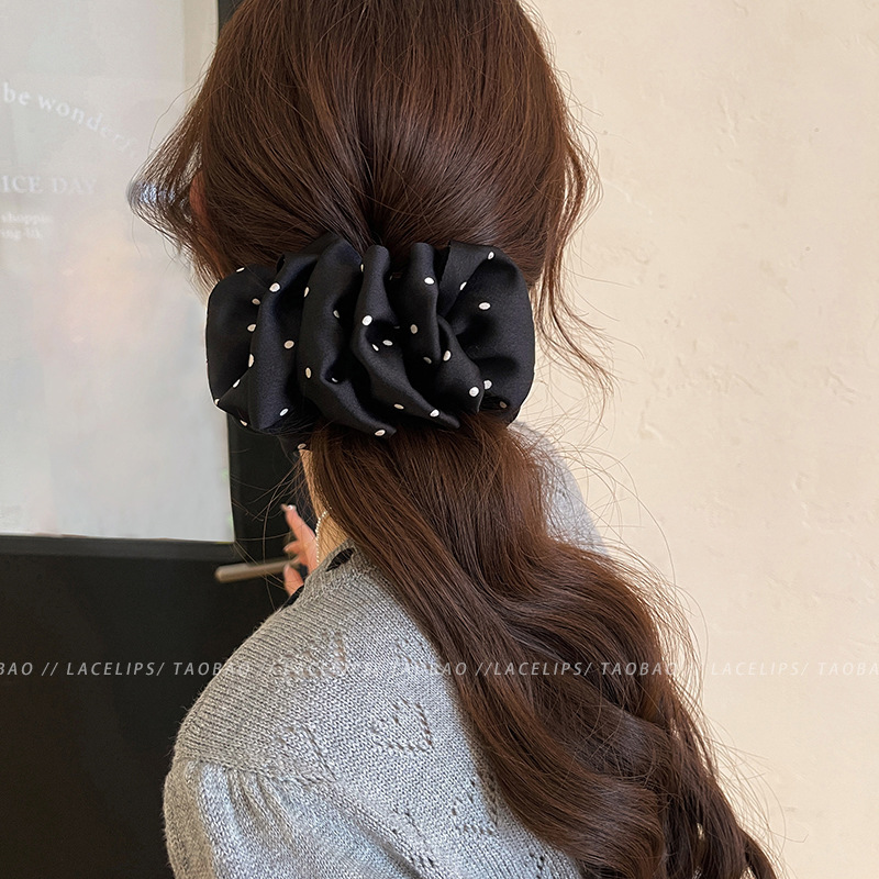 3#Black polka dot pleated banana clip ~10cm
